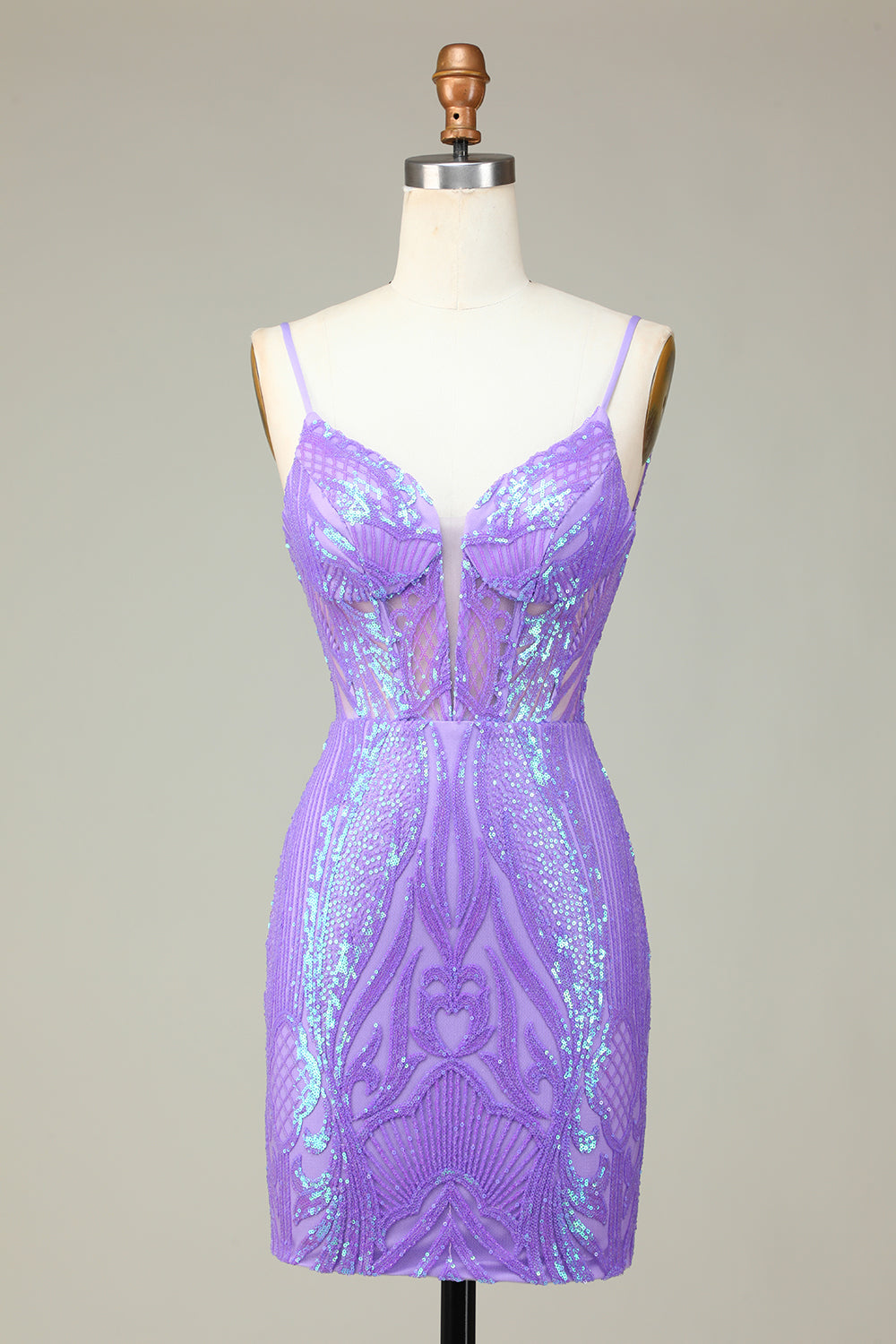 Stylish Bodycon Spaghetti Straps Lilac Sequins Corset Homecoming Dress with Criss Cross Back