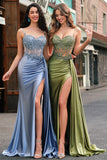 Silver Mermaid Pleated Sheer Long Corset Satin Prom Dress With Slit