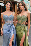 Silver Mermaid Pleated Sheer Long Corset Satin Prom Dress With Slit