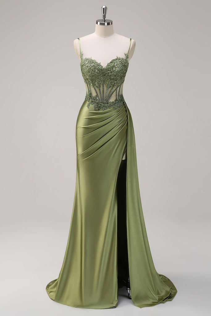 Zapaka Women Green Satin Prom Dress With Slit Mermaid Spaghetti Straps