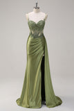 Green Mermaid Spaghetti Straps Pleated Long Corset Satin Prom Dress With Slit