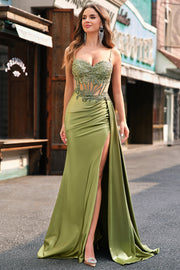 Green Mermaid Side Streamer Pleated Long Corset Satin Prom Dress With Slit