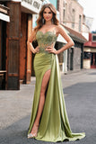 Green Mermaid Side Streamer Pleated Long Corset Satin Prom Dress With Slit