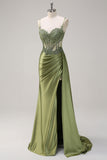 Green Mermaid Spaghetti Straps Pleated Long Corset Satin Prom Dress With Slit