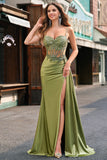 Green Mermaid Side Streamer Pleated Long Corset Satin Prom Dress With Slit