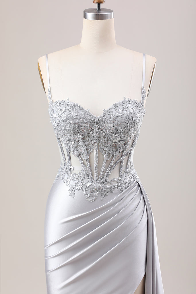 Zapaka Women Silver Satin Prom Dress With Slit Mermaid Pleated Sheer