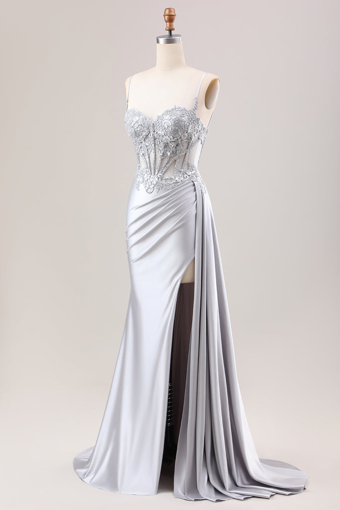 Zapaka Women Silver Satin Prom Dress With Slit Mermaid Pleated Sheer
