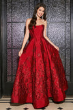 A-Line Strapless Elegant Princess Dark Red Long Prom Dress with 3D Flowers