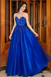 Royal Blue A-Line Sweetheart Long Beaded Prom Dress with Accessory