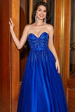 Royal Blue A-Line Sweetheart Long Beaded Prom Dress with Accessory