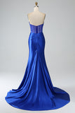 Royal Blue Mermaid Strapless Pleated Corset Long Prom Dress with Slit