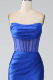 Royal Blue Mermaid Strapless Pleated Corset Long Prom Dress with Slit