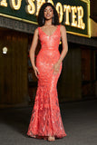 Charming Coral Mermaid Deep V Neck Sparkly Sequin Prom Dress with Accessory