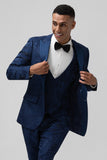 Dark Blue 3 Piece Peak Lapel Jacquard One Button Men's Prom Suits