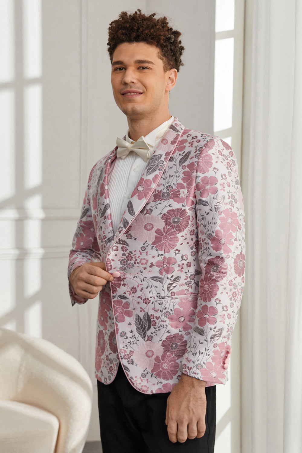 Shawl Lapel One Button Pink Floral Jacquard 2 Piece Homecoming Suits
