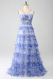 Blue Printed A Line Tiered Hollow-out Long Prom Dress
