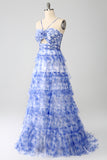 Blue Printed A Line Tiered Hollow-out Long Prom Dress