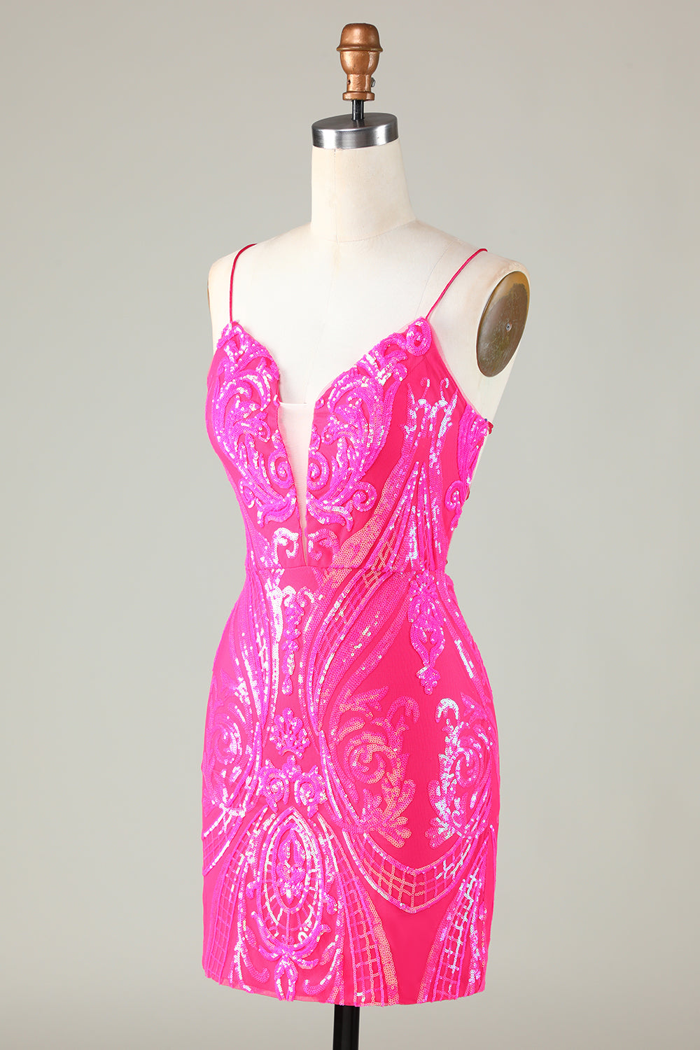 Trend Hot Pink Lace Up Tight Glitter Homecoming Dress