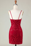 Sparkly Dark Red Sequins Spaghetti Straps Tight Short Homecoming Dress
