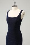 Sparkly Dark Blue Square Neck Bodycon Mini Homecoming Dress With Slit