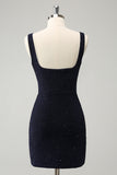 Sparkly Dark Blue Square Neck Bodycon Mini Homecoming Dress With Slit