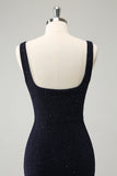 Sparkly Dark Blue Square Neck Bodycon Mini Homecoming Dress With Slit