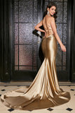 Golden Mermaid Spaghetti Straps Satin Long Prom Dress with Lace-up Back