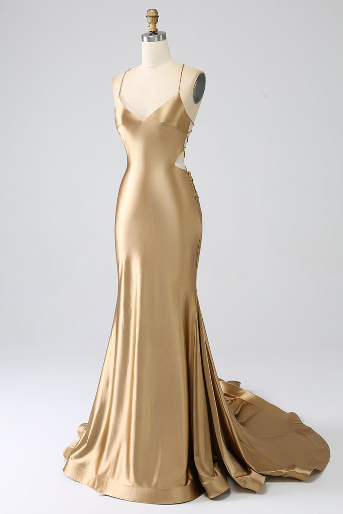 Fashion Spaghetti Straps Yellow Satin Beaded Mermaid Long Party Dress Evening Dress