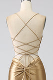 Golden Mermaid Spaghetti Straps Satin Long Prom Dress with Lace-up Back