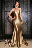 Golden Mermaid Spaghetti Straps Satin Long Prom Dress with Lace-up Back