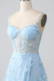 Sparkly Blue A Line Spaghetti Straps Sequin Corset Prom Dress With Slit