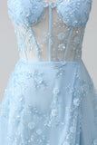 Sparkly Blue A Line Spaghetti Straps Sequin Corset Prom Dress With Slit