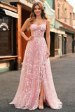 A Line Blush Spaghetti Straps Sequin Corset Prom Dress With Slit