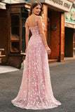 A Line Blush Spaghetti Straps Sequin Corset Prom Dress With Slit