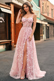 A Line Blush Spaghetti Straps Sequin Corset Prom Dress With Slit