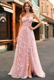 A Line Blush Spaghetti Straps Sequin Corset Prom Dress With Slit