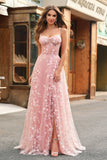 A Line Blush Spaghetti Straps Sequin Corset Prom Dress With Slit