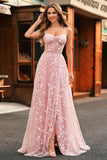 A Line Blush Spaghetti Straps Sequin Corset Prom Dress With Slit