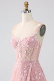 Sparkly Blush A Line Spaghetti Straps Sequin Corset Prom Dress With Slit