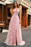 A Line Blush Spaghetti Straps Sequin Corset Prom Dress With Slit