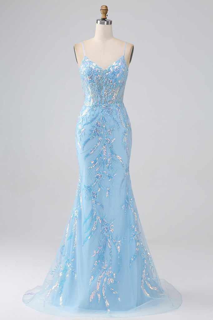 Zapaka Women Sparkly Light Blue Prom Dress Mermaid Spaghetti Straps