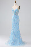 Sparkly Light Blue Mermaid Spaghetti Straps Long Prom Dress With Beading