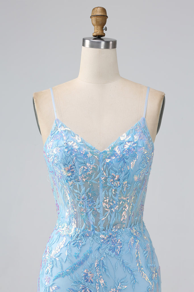 Zapaka Women Sparkly Light Blue Prom Dress Mermaid Spaghetti Straps
