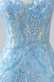 Sparkly Light Blue Mermaid Spaghetti Straps Long Prom Dress With Beading