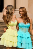 Yellow A-Line Strapless Tiered Corset Homecoming Dress with Beading