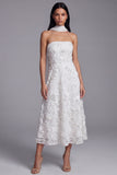 Serene Sky Powder Blue 3D Floral Appliqué Strapless Midi Dress with Chiffon Scarf