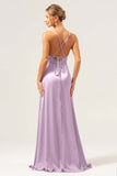 Burgundy A Line Spaghetti Straps Backless Satin Long Bridesmaid Dress with Slit