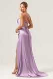 Sage Mermaid Spaghetti Straps Corset Satin Bridesmaid Dress with Slit