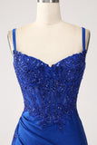 Glitter Royal Blue Mermaid Spaghetti Straps Long Prom Dress with Appliques