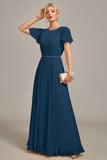 Navy A-Line Round Neck Pleated Mother of Bride Dress With Short Sleeves